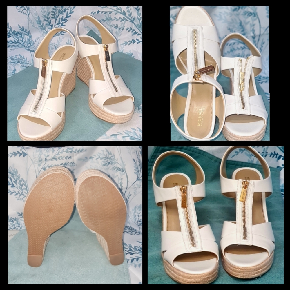 Micheal Kors Roslyn wedge white w gold accents sz 10